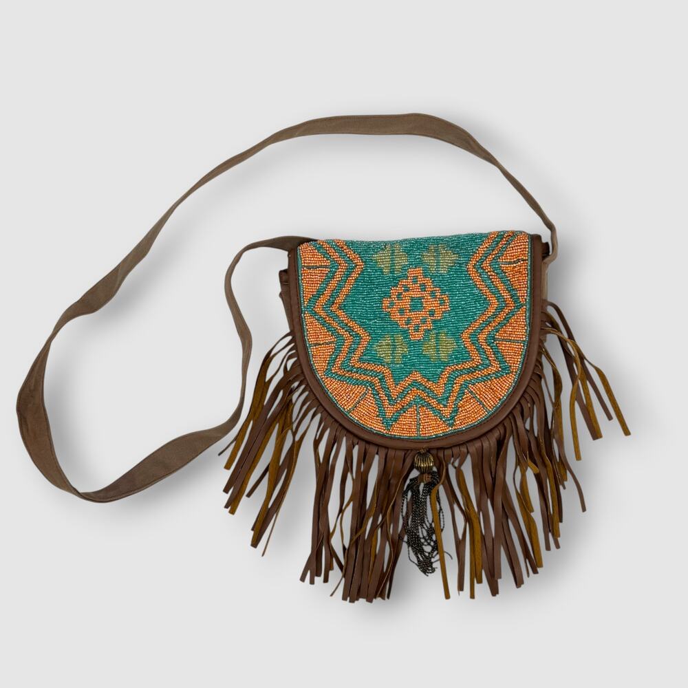 Earthbound Trading Co. Beaded Fringe Saddle Crossbody Boho Bag